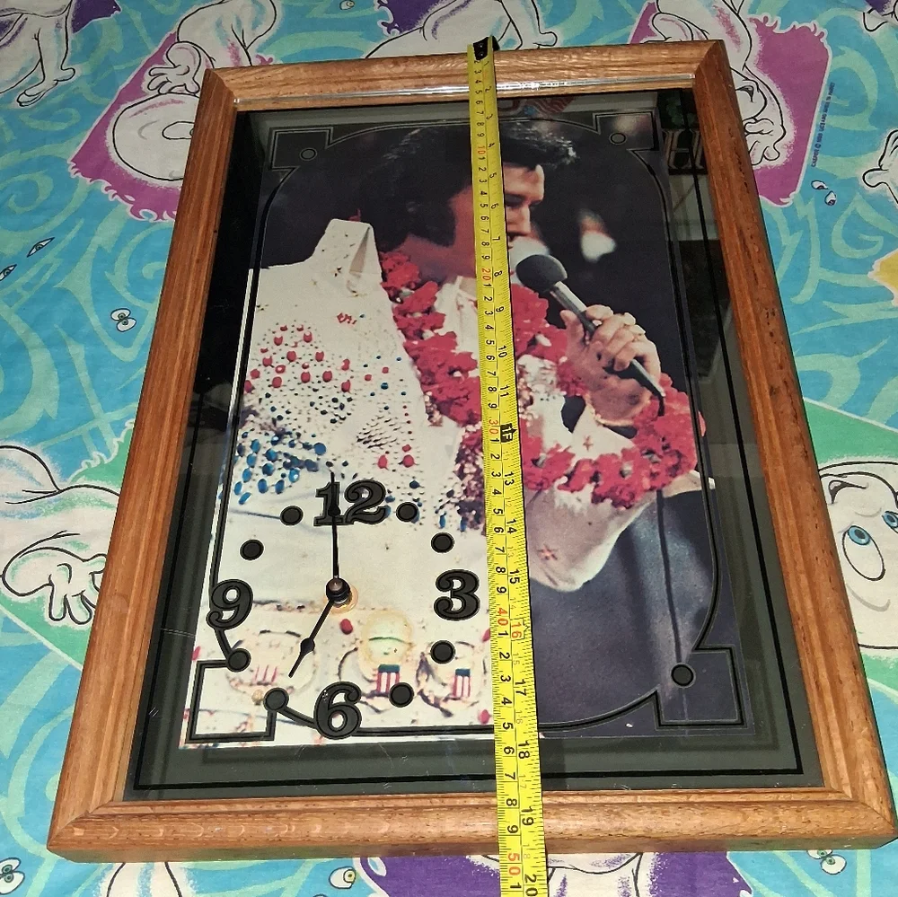 70s Elvis Glass Mirror Clock Vintage Presley Blue Hawaii
